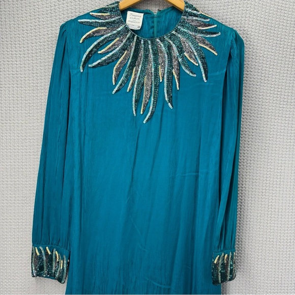 Vtg Francesca Of Damon 100% Silk Blue Intricate Beaded Long Dress Sz 10 Elegant - Picture 6 of 13